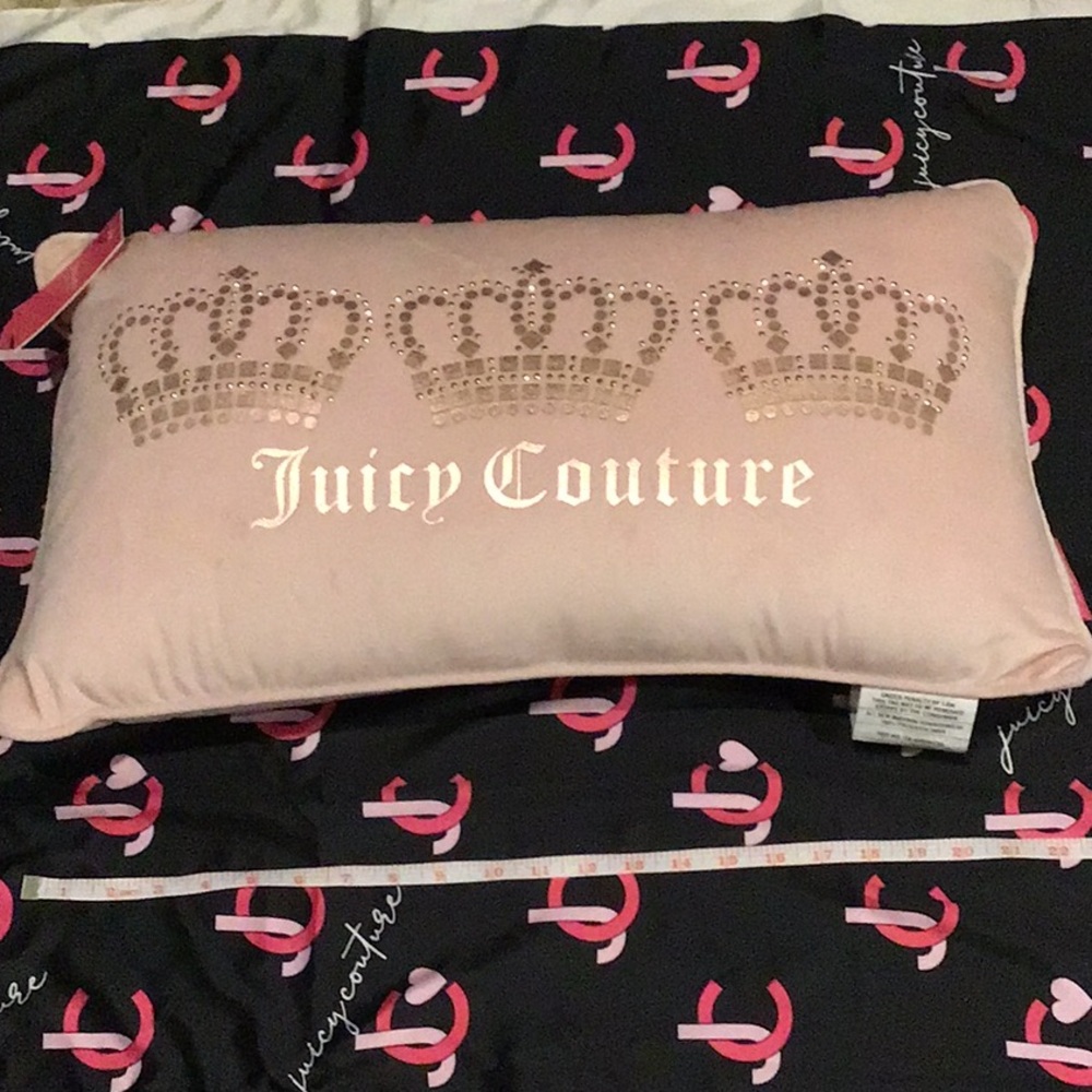 Juicy Couture light blush PINK bejeweled crowns velvet velour throw pillow 23x14